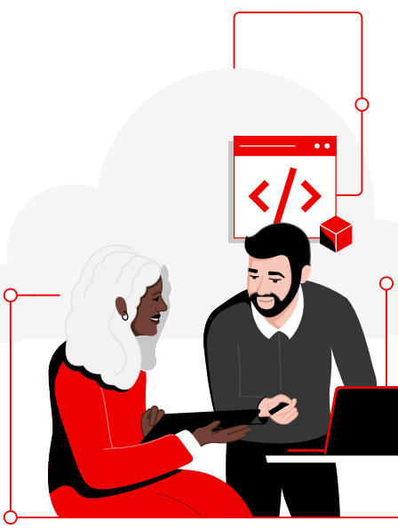 two people, one appearing to be a woman with long white hair wearing a red and black top and another appearing to be a man with dark hair and a beard wearing a dark grey top, collaborating over a laptop, with a stylized cloud and coding symbols in the background