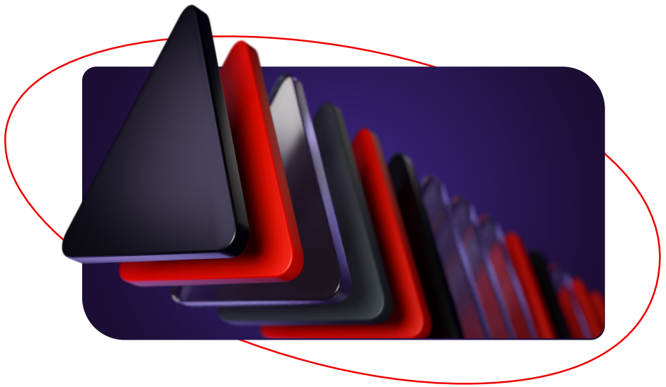 Dreidimensionale, abgerundete dreieckige Formen, primär in Schwarz und Rot, die in einer zurückgehenden Linie vor einem purpurfarbenen Hintergrund angeordnet sind und eine rote, ovale Umrandung haben.