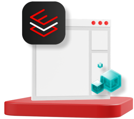 stacked-layer logo floating above a user interface window that sits on a red platform alongside glowing digital cubes.
