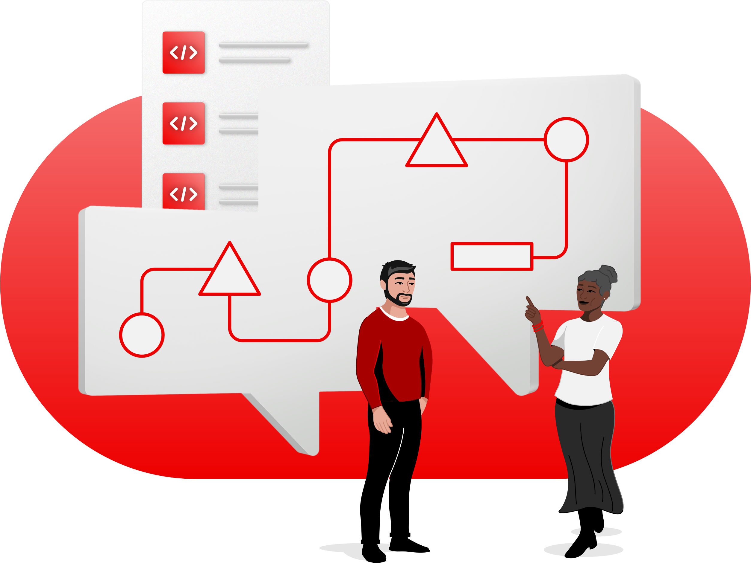 two colleagues discussing a workflow diagram and code snippets displayed inside large speech bubbles.