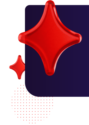 glossy red four-pointed stars, a dark purple shape, and a red halftone dot pattern.