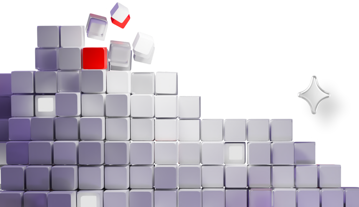 downward sloping wall constructed of small, light purple and white cubes, and a translucent white four-pointed star floating to the right.
