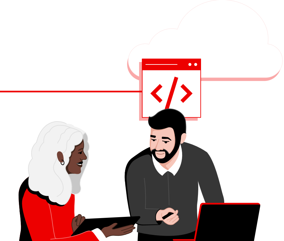 two people, a woman holding a tablet and a man looking at a laptop, with a red cloud graphic above