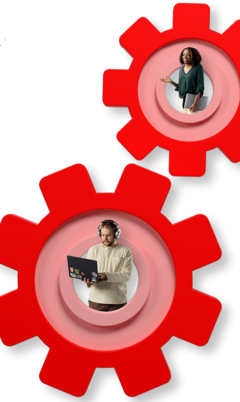  two large red gears, one framing a woman holding a laptop and the other framing a man wearing headphones while using his laptop.