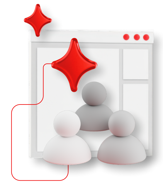 3D graphic of user profile icons in front of an application window, with a shiny red star connected by a line to one of the users to highlight them.