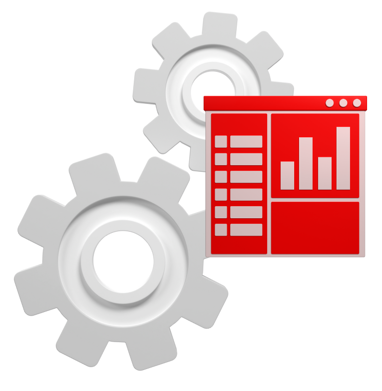  illustration of two interlocked gears with a red data dashboard interface overlaid on top.