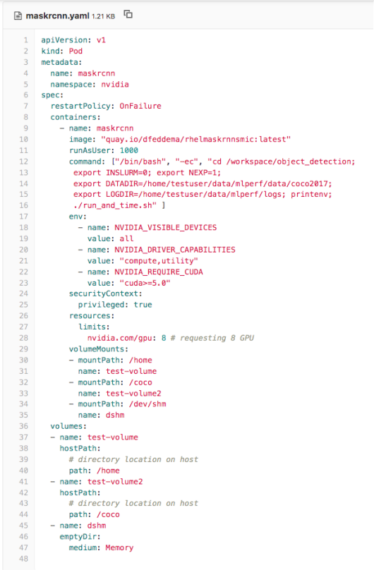 Figure 9 shows the yaml to deploy the Mask-R-CNN benchmark. 