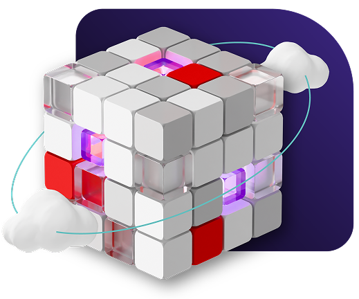 Cubo de IA em 3D com nuvens