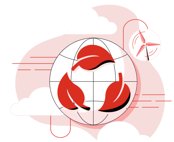 Three red leaves form a recycling symbol on a globe, with a wind turbine
