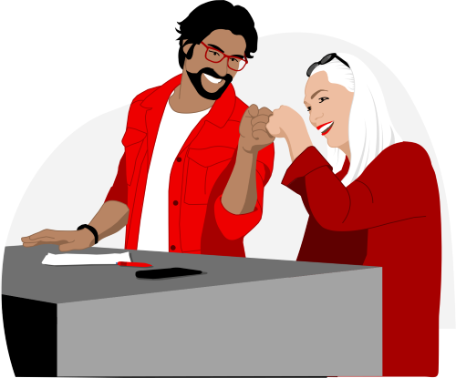 man in red shirt bumping fist with women in red dress