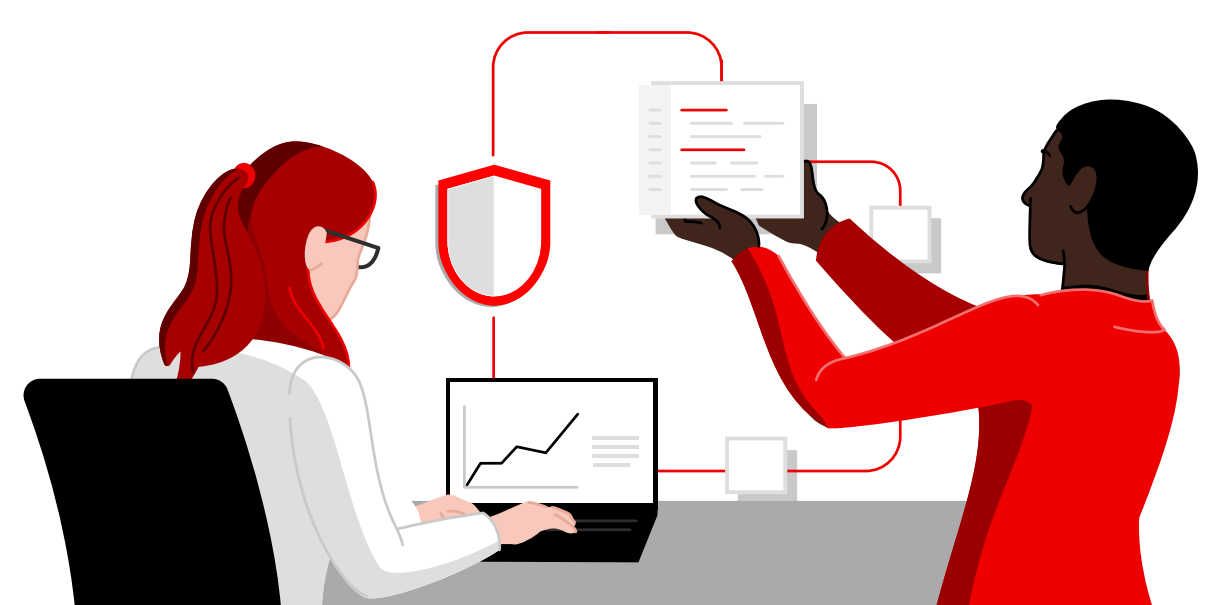 two people, one looking at a laptop with a line graph and the other holding a document, connected by red lines and a shield icon