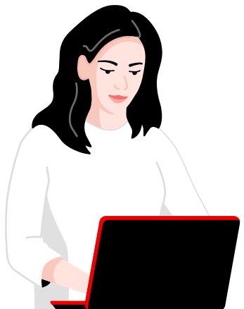 a women with brown hair and a white shirt standing and working on her laptop