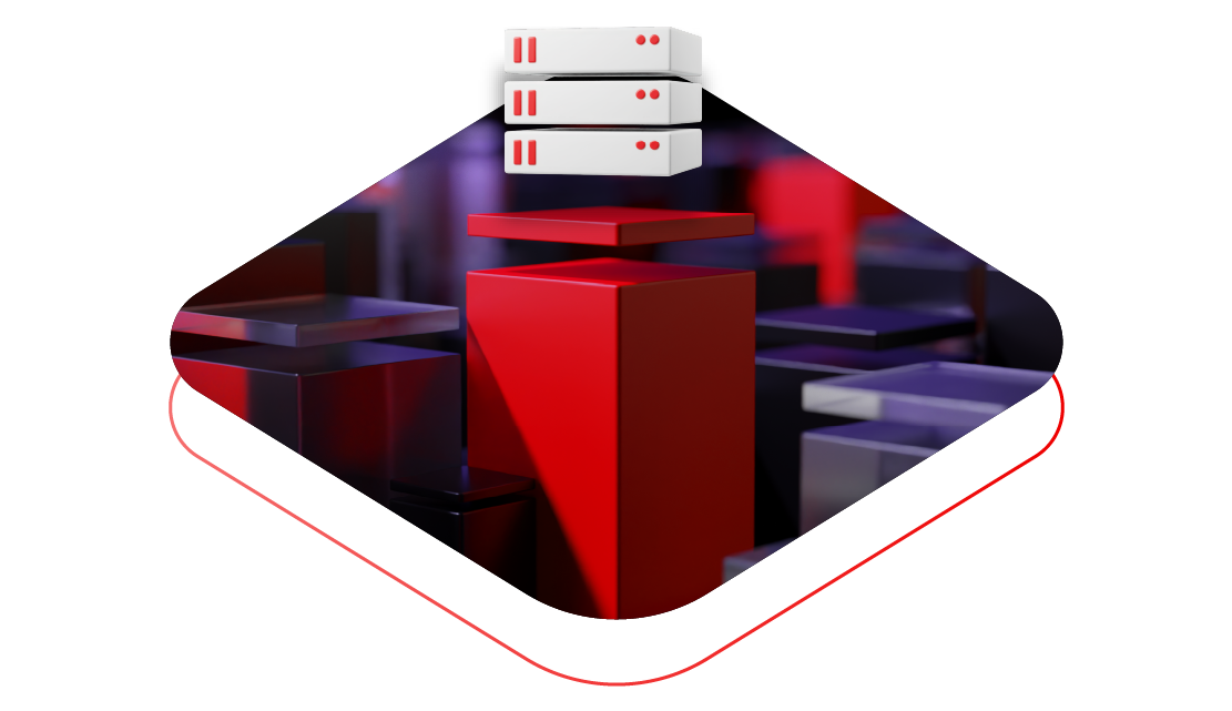 A collage of 3d elements including a server stack and platform in a diamond shape