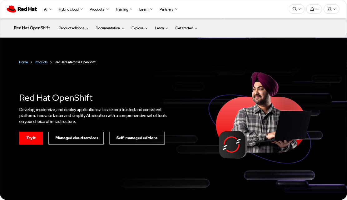 Web design of the Red Hat Openshift landing page that uses photography and the 3D OpenShift tech icon in a hybrid style collage