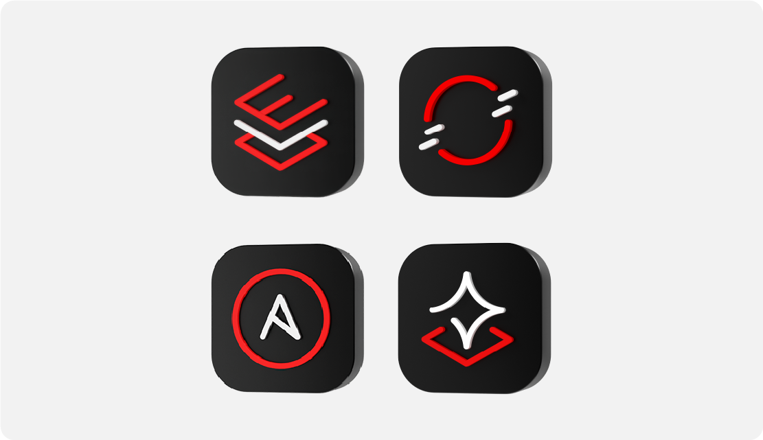 3d technology icons of Red Hat Enterprise Linux, Red Hat OpenShift, Red Hat Ansible Automation Platform, and Red Hat AI