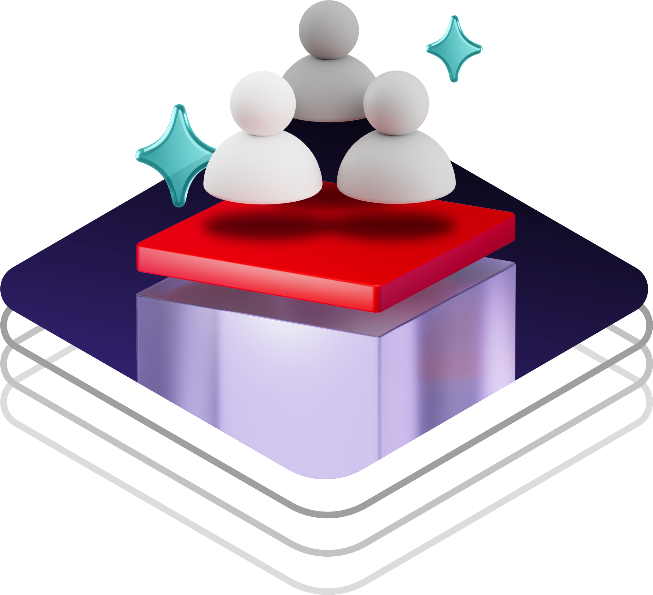3D illustration featuring three figures hovering over a red platform on a purple pedestal, flanked by teal stars.