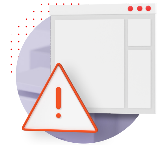 a triangular warning sign with a red exclamation mark in front of a stylized, blank application window against a purple and red-dotted background.