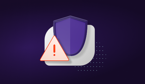 A purple shield on a grey square with an alert graphic.