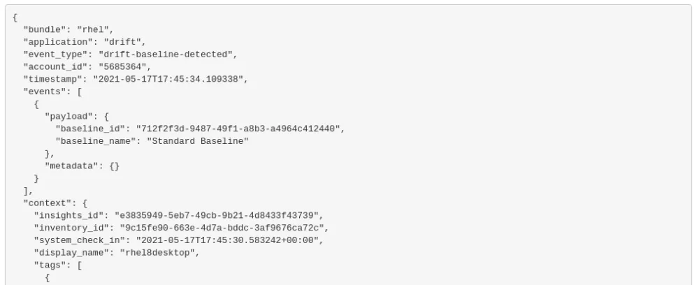 Example of a webhook message received from a ‘Drift from baseline detected’ notification