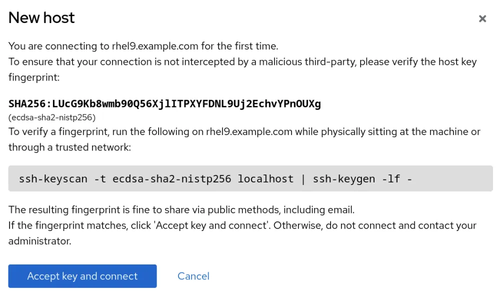 RHEL web console New host screen