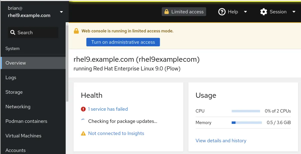 RHEL web console host overview screen