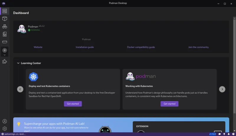The Podman Desktop dashboard