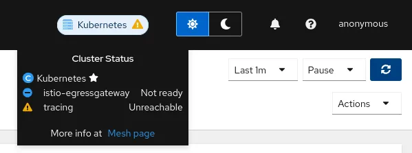 Kiali status drop-down showing mesh page link