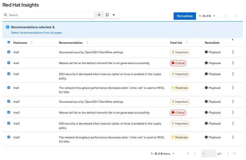 This image depicts the list of available recommendations discovered by Insights in the Red Hat Satellite WebUI.