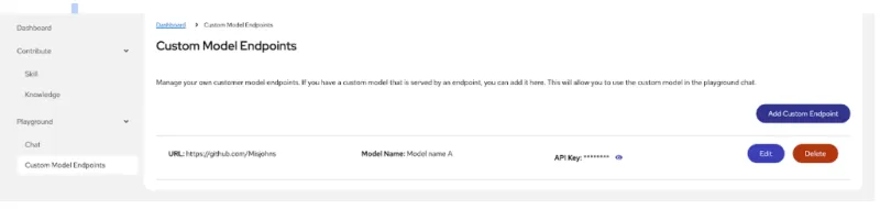 Showing custom model endpoints GUI in RHEL AI 1.4