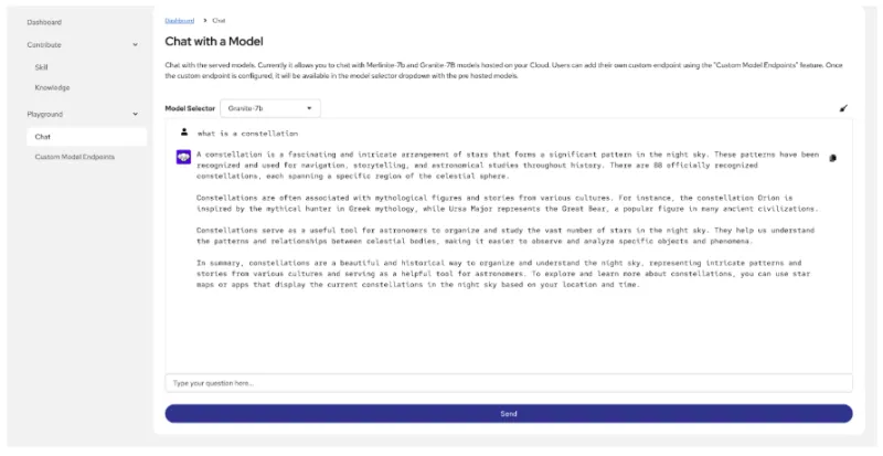 Showing Chat with a Model function in RHEL AI 1.4 GUI