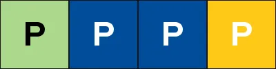 A row of 4 cells, 1 green, 2 blue, and 1 yellow.  
