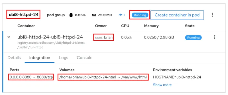 Screenshot of the running container with the name, status, user, ports and volumes sections highlighted in red