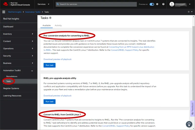 Red Hat Insights screenshot highlighting conversion tasks