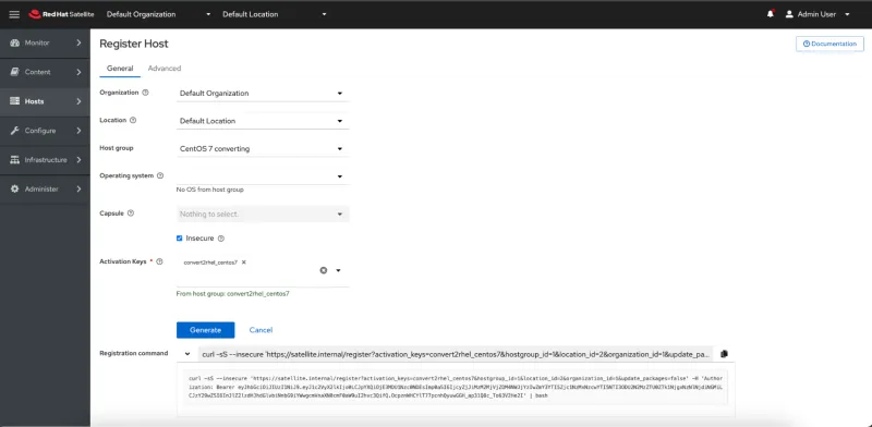 Example of the registration command that can be used on all systems eligible for conversion