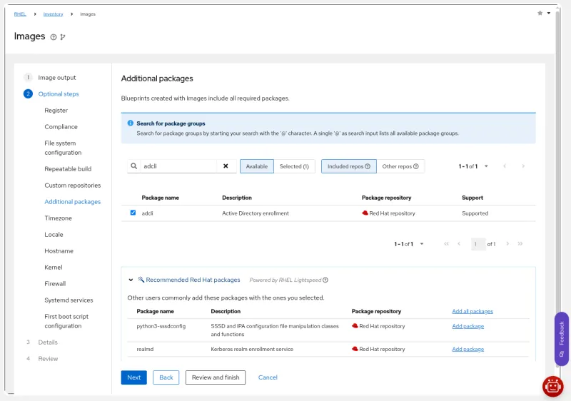 A screenshot showing the Insights image builder package recommendations powered by RHEL Lightspeed