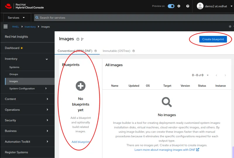  empty Blueprints column and Create blueprint button