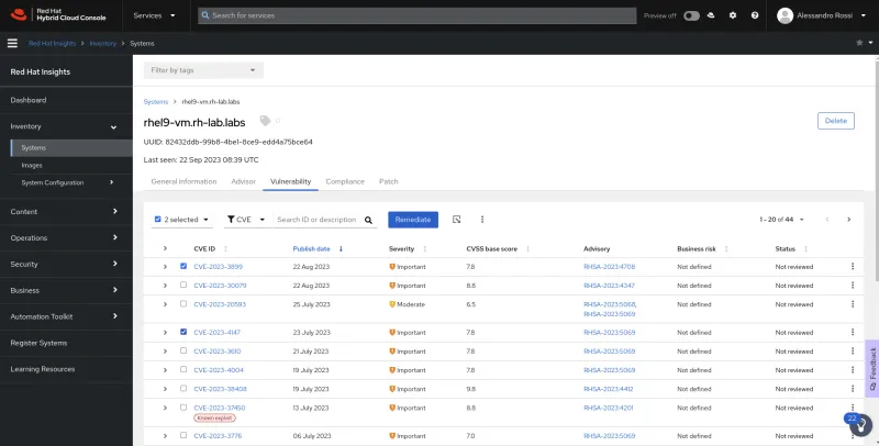Screenshot of Red Hat Insights Inventory > Systems tab