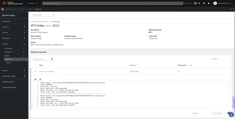 Screenshot of Red Hat Insights Malware Signature details page