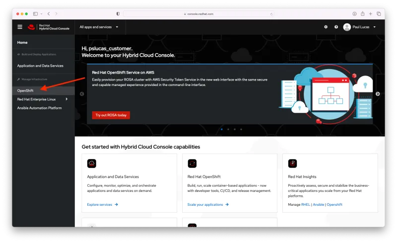 Red Hat Hybrid Cloud Console page