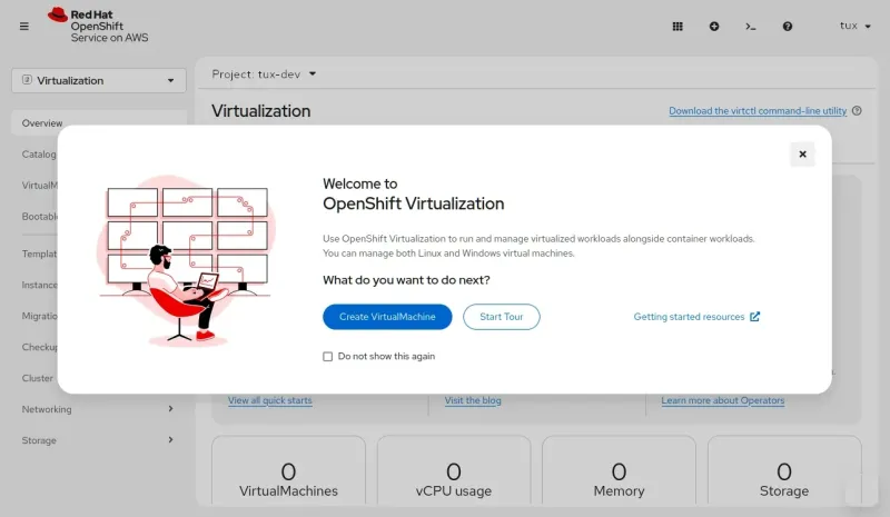 OpenShift Virtualization welcome screen