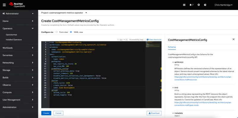 Red Hat cost management config creation screenshot