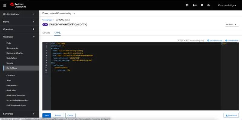 Red Hat cost management cluster-monitoring-config YAML screenshot