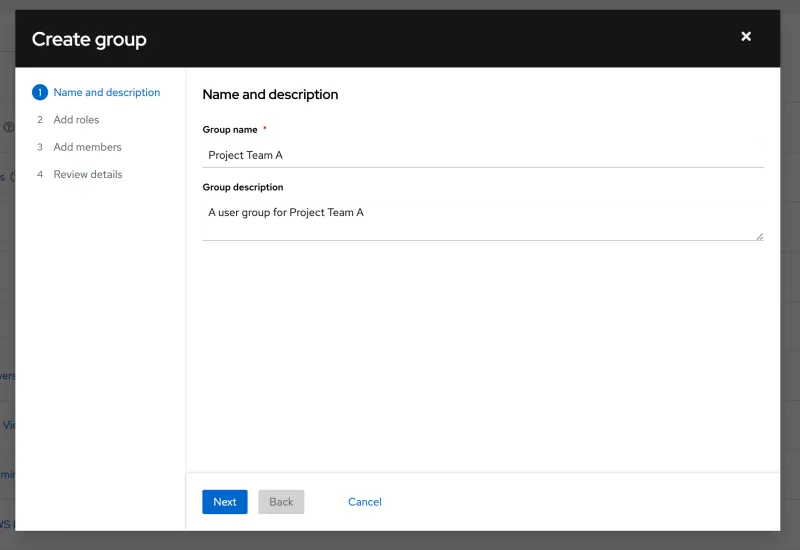 Screenshot of defining the name and description of a new user group within the IAM service