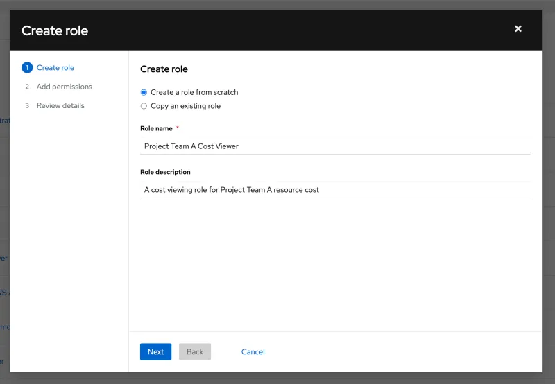 Screenshot of creating a role to encapsulate cost management permissions for the user group