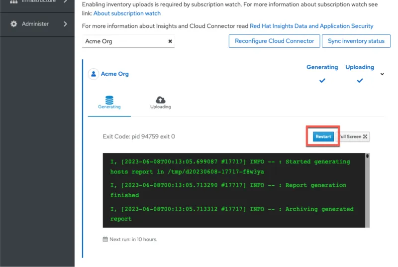 Screenshot with the Restart button highlighted in red