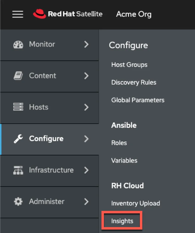 Screenshot of the Configure menu, with Insights highlighted in red