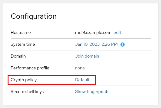 RHEL web console configuration card, with "Crypto policy" set to default and highlighted with a red box.