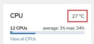 RHEL web console CPU dialog showing the current temperature at 27 degrees celcius.