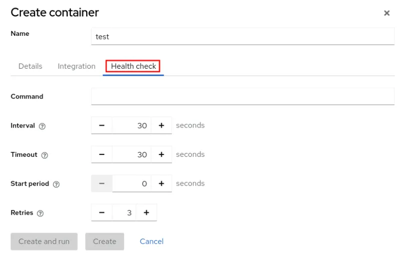 RHEL web console "Create container" settings, with the "Health check" tab highlighted with a red box.