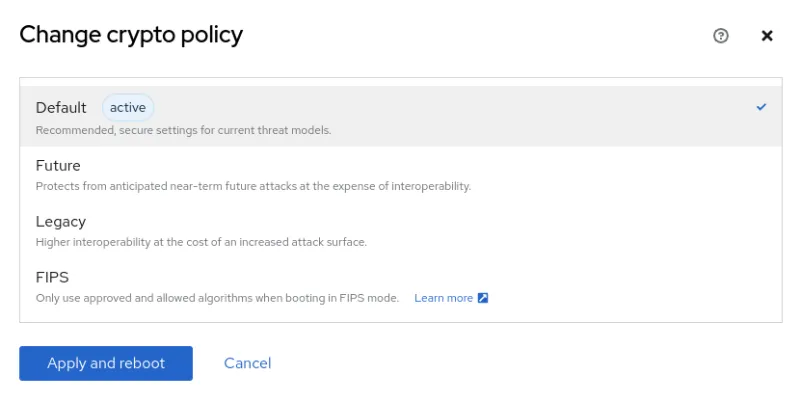 RHEL web console "Change crypto policy" settings, with "Default" as active.